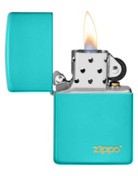 Zippo aansteker Flat Turquoise Zippo Lasered open met vlam 